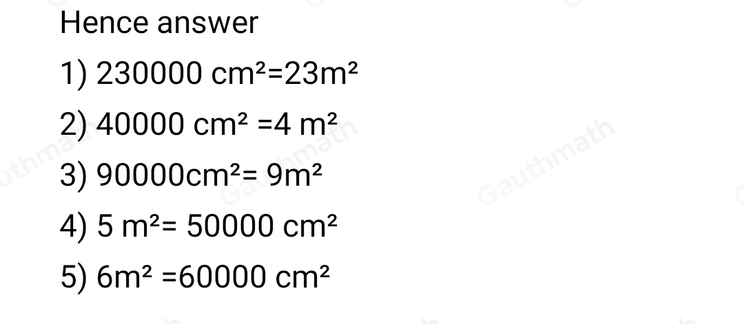Change the following units as indicated: 1. 2. 230 000 sqcm =- sq m 3. 40 000 sq cm =- sq m 90 000 sqcm =-ssm 4. 5 sq = --c cm 5. 5 sq =